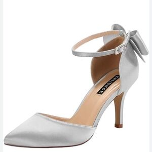 Silver Satin Stiletto Heels with Ankle Strap and Bow NWOB Size9